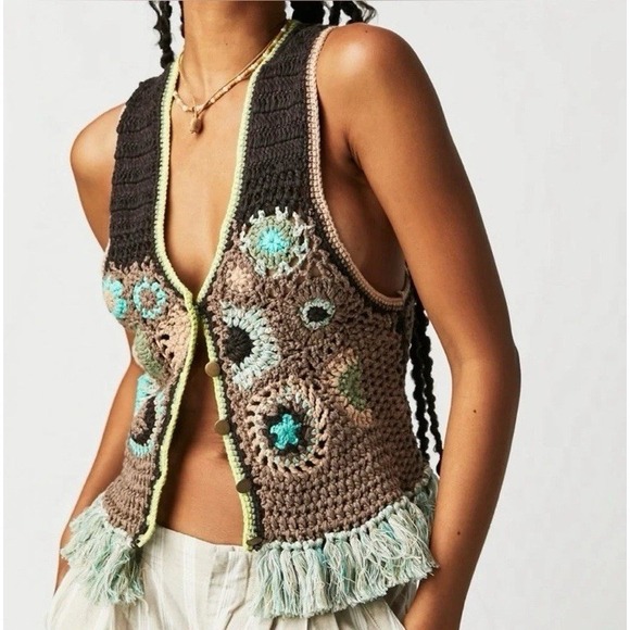 Free People Tops - Free People Desert Crochet Vest Brown Floral Pattern Fringe Trim Festival XS